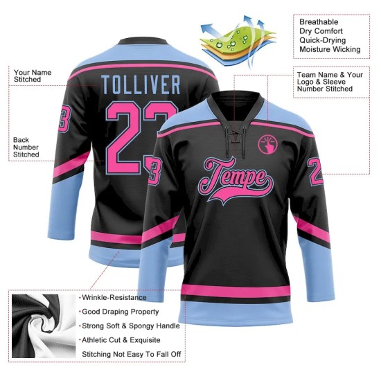 Custom Black Pink-Light Blue Hockey Lace Neck Jersey Custom Black Pink-Light Blue Hockey Lace Neck Jersey