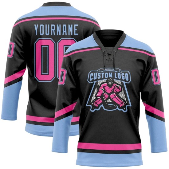 Custom Black Pink-Light Blue Hockey Lace Neck Jersey Custom Black Pink-Light Blue Hockey Lace Neck Jersey