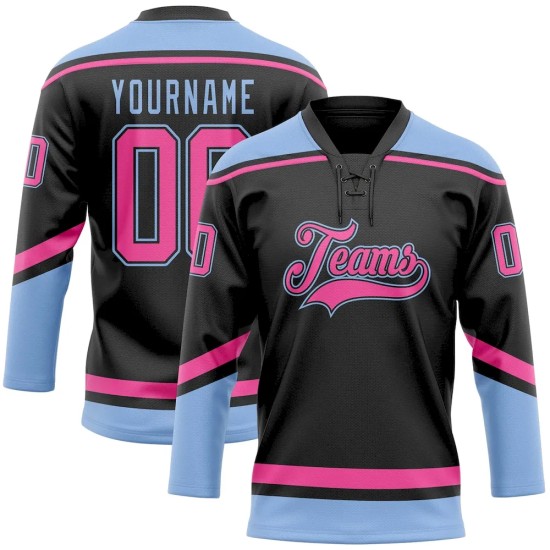 Custom Black Pink-Light Blue Hockey Lace Neck Jersey Custom Black Pink-Light Blue Hockey Lace Neck Jersey