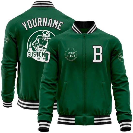 Custom Kelly Green White-Black Bomber Varsity Letterman Zipper Jacket Custom Kelly Green White-Black Bomber Varsity Letterman Zipper Jacket