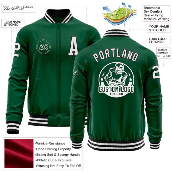 Custom Kelly Green White-Black Bomber Varsity Letterman Zipper Jacket Custom Kelly Green White-Black Bomber Varsity Letterman Zipper Jacket