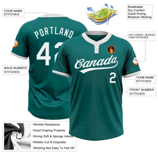 Custom Teal White Two-Button Unisex Softball Jersey Custom Teal White Two-Button Unisex Softball Jersey
