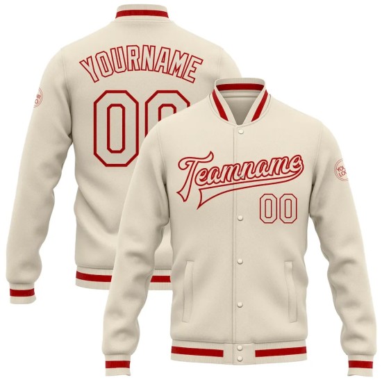 Custom Cream Cream-Red Bomber Full-Snap Varsity Letterman Jacket Custom Cream Cream-Red Bomber Full-Snap Varsity Letterman Jacket