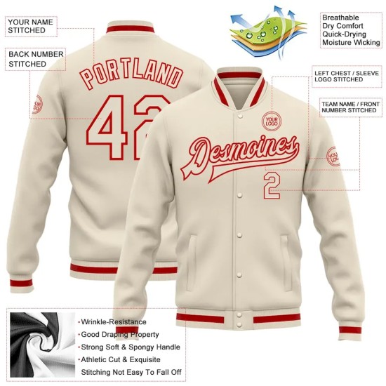 Custom Cream Cream-Red Bomber Full-Snap Varsity Letterman Jacket Custom Cream Cream-Red Bomber Full-Snap Varsity Letterman Jacket