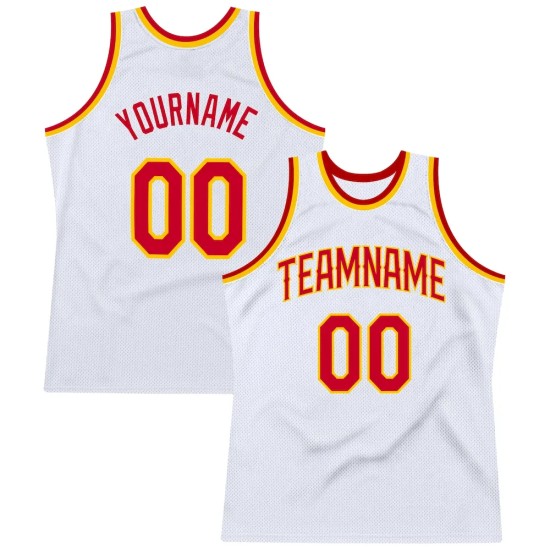 Custom White Red-Gold Authentic Throwback Basketball Jersey Custom White Red-Gold Authentic Throwback Basketball Jersey