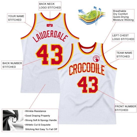 Custom White Red-Gold Authentic Throwback Basketball Jersey Custom White Red-Gold Authentic Throwback Basketball Jersey