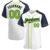 Custom White Neon Green-Navy Authentic Raglan Sleeves Baseball Jersey Custom White Neon Green-Navy Authentic Raglan Sleeves Baseball Jersey