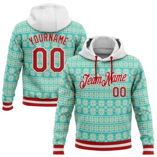 Custom Stitched Aqua Red-White 3D Christmas Sports Pullover Sweatshirt Hoodie Custom Stitched Aqua Red-White 3D Christmas Sports Pullover Sweatshirt Hoodie