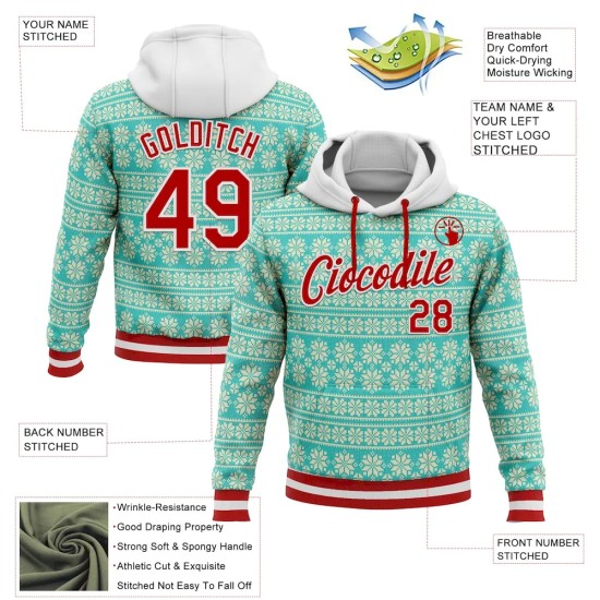 Custom Stitched Aqua Red-White 3D Christmas Sports Pullover Sweatshirt Hoodie Custom Stitched Aqua Red-White 3D Christmas Sports Pullover Sweatshirt Hoodie