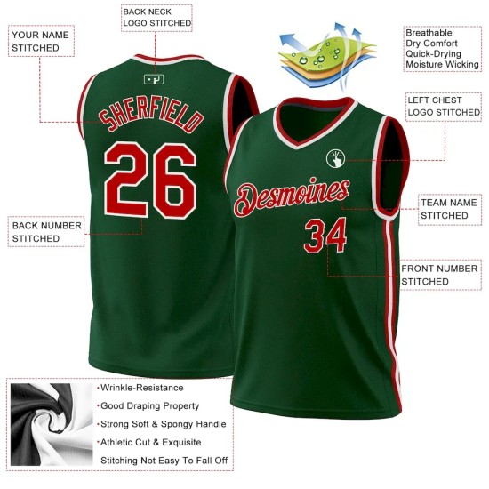 Custom Hunter Green Red-White Authentic Throwback Basketball Jersey Custom Hunter Green Red-White Authentic Throwback Basketball Jersey