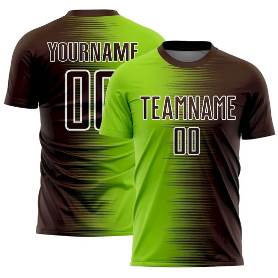 Custom Brown Neon Green-White Gradient Line Sublimation Soccer Uniform Jersey Custom Brown Neon Green-White Gradient Line Sublimation Soccer Uniform Jersey
