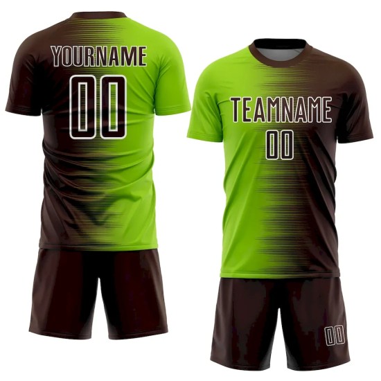 Custom Brown Neon Green-White Gradient Line Sublimation Soccer Uniform Jersey Custom Brown Neon Green-White Gradient Line Sublimation Soccer Uniform Jersey
