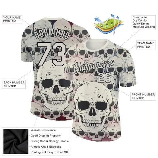 Custom City Cream Black 3D Skull Fashion Performance T-Shirt Custom City Cream Black 3D Skull Fashion Performance T-Shirt