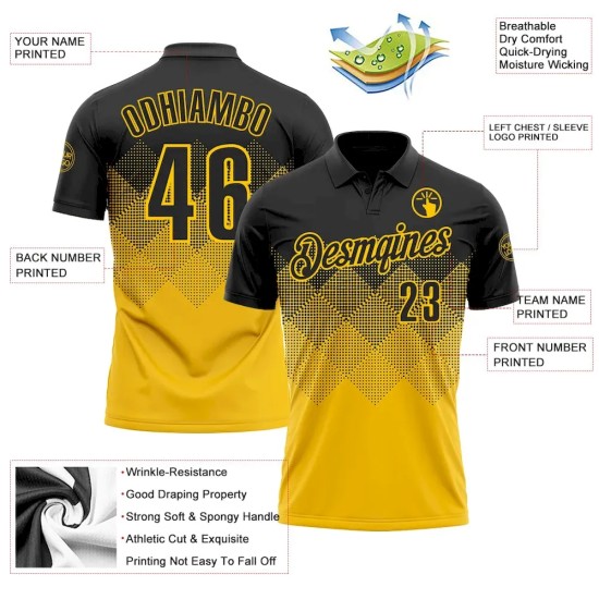 Custom Black Yellow 3D Pattern Design Gradient Square Shape Performance Polo Shirt Custom Black Yellow 3D Pattern Design Gradient Square Shape Performance Polo Shirt