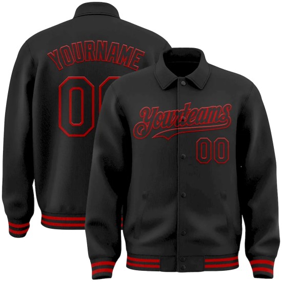 Custom Black Red Bomber Full-Snap Varsity Letterman Lapel Collar Byron Jacket Custom Black Red Bomber Full-Snap Varsity Letterman Lapel Collar Byron Jacket