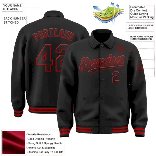 Custom Black Red Bomber Full-Snap Varsity Letterman Lapel Collar Byron Jacket Custom Black Red Bomber Full-Snap Varsity Letterman Lapel Collar Byron Jacket