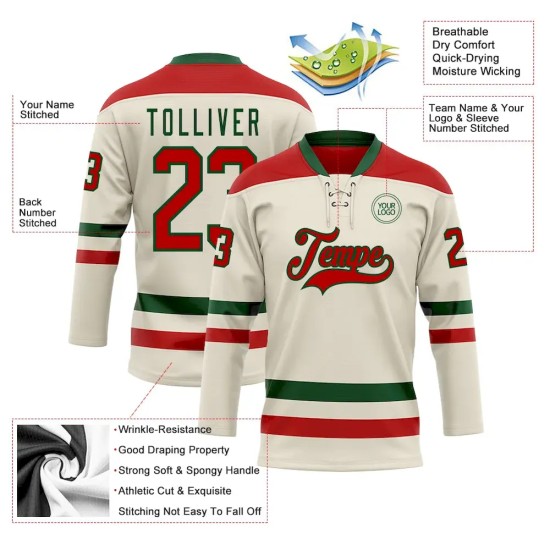Custom Cream Red-Green Hockey Lace Neck Jersey Custom Cream Red-Green Hockey Lace Neck Jersey