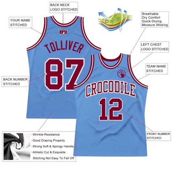 Custom Light Blue Maroon-White Authentic Throwback Basketball Jersey Custom Light Blue Maroon-White Authentic Throwback Basketball Jersey