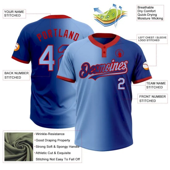 Custom Royal Light Blue-Red Gradient Fashion Two-Button Unisex Softball Jersey Custom Royal Light Blue-Red Gradient Fashion Two-Button Unisex Softball Jersey