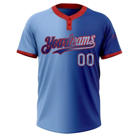 Custom Royal Light Blue-Red Gradient Fashion Two-Button Unisex Softball Jersey Custom Royal Light Blue-Red Gradient Fashion Two-Button Unisex Softball Jersey
