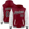 Custom Crimson Black-White Bomber Full-Snap Varsity Letterman Two Tone Hoodie Jacket Custom Crimson Black-White Bomber Full-Snap Varsity Letterman Two Tone Hoodie Jacket