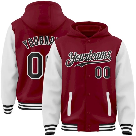 Custom Crimson Black-White Bomber Full-Snap Varsity Letterman Two Tone Hoodie Jacket Custom Crimson Black-White Bomber Full-Snap Varsity Letterman Two Tone Hoodie Jacket