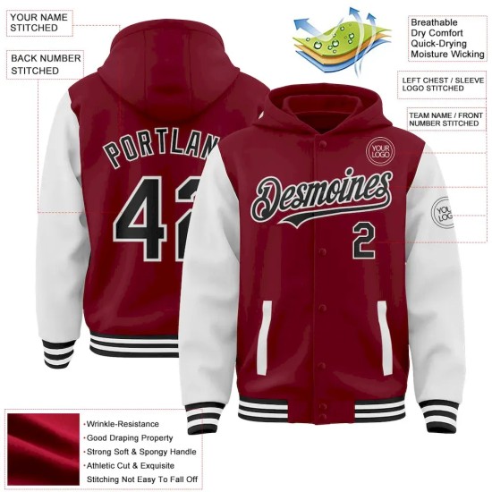 Custom Crimson Black-White Bomber Full-Snap Varsity Letterman Two Tone Hoodie Jacket Custom Crimson Black-White Bomber Full-Snap Varsity Letterman Two Tone Hoodie Jacket