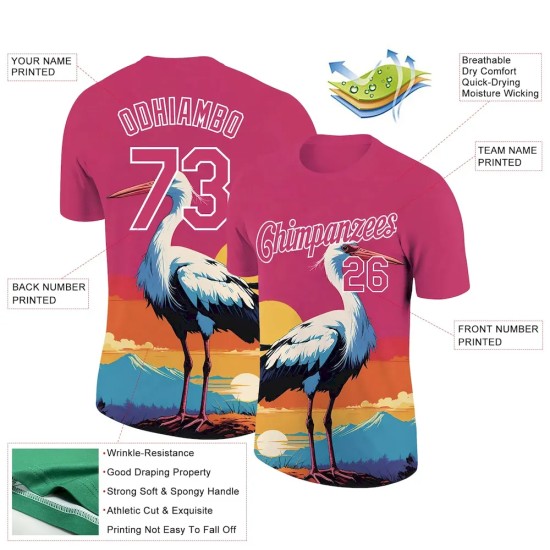 Custom Neon Pink White 3D Pattern Design Animal Crane Performance T-Shirt Custom Neon Pink White 3D Pattern Design Animal Crane Performance T-Shirt