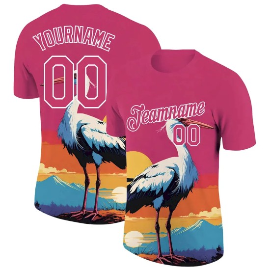 Custom Neon Pink White 3D Pattern Design Animal Crane Performance T-Shirt Custom Neon Pink White 3D Pattern Design Animal Crane Performance T-Shirt