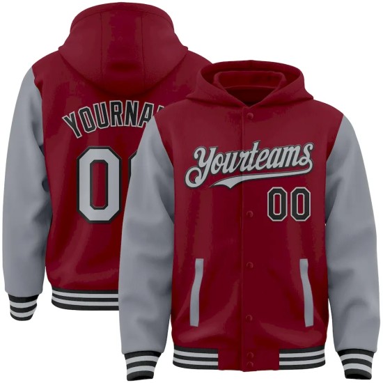 Custom Crimson Gray-Black Bomber Full-Snap Varsity Letterman Two Tone Hoodie Jacket Custom Crimson Gray-Black Bomber Full-Snap Varsity Letterman Two Tone Hoodie Jacket