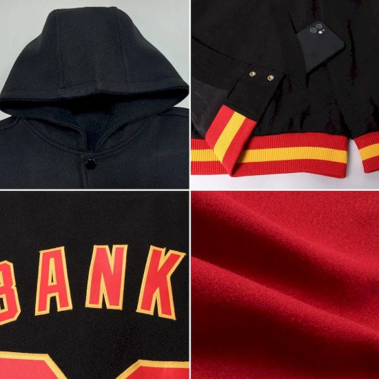 Custom Crimson Gray-Black Bomber Full-Snap Varsity Letterman Two Tone Hoodie Jacket Custom Crimson Gray-Black Bomber Full-Snap Varsity Letterman Two Tone Hoodie Jacket