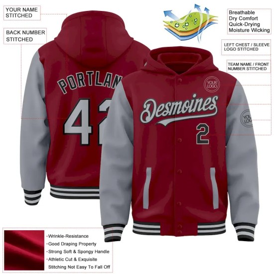 Custom Crimson Gray-Black Bomber Full-Snap Varsity Letterman Two Tone Hoodie Jacket Custom Crimson Gray-Black Bomber Full-Snap Varsity Letterman Two Tone Hoodie Jacket