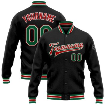 Custom Black Kelly Green-Red Bomber Full-Snap Varsity Letterman Jacket Custom Black Kelly Green-Red Bomber Full-Snap Varsity Letterman Jacket