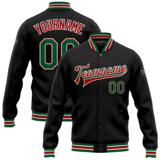 Custom Black Kelly Green-Red Bomber Full-Snap Varsity Letterman Jacket Custom Black Kelly Green-Red Bomber Full-Snap Varsity Letterman Jacket