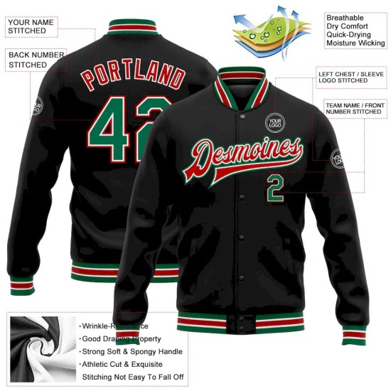Custom Black Kelly Green-Red Bomber Full-Snap Varsity Letterman Jacket Custom Black Kelly Green-Red Bomber Full-Snap Varsity Letterman Jacket