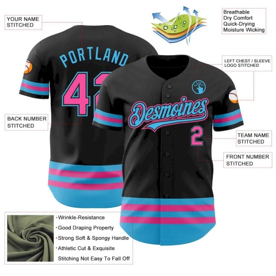 Custom Black Pink-Sky Blue Line Authentic Baseball Jersey Custom Black Pink-Sky Blue Line Authentic Baseball Jersey