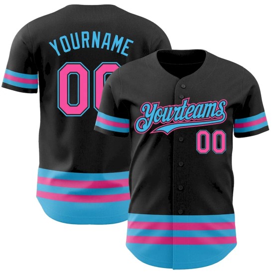 Custom Black Pink-Sky Blue Line Authentic Baseball Jersey Custom Black Pink-Sky Blue Line Authentic Baseball Jersey