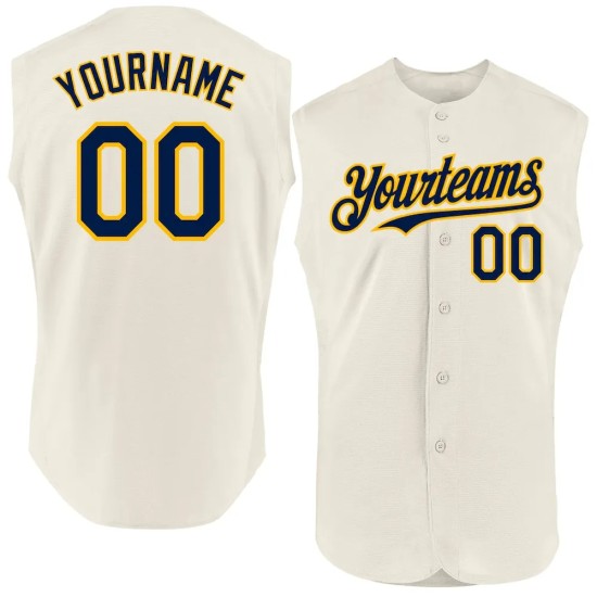 Custom Cream Navy-Gold Authentic Sleeveless Baseball Jersey Custom Cream Navy-Gold Authentic Sleeveless Baseball Jersey