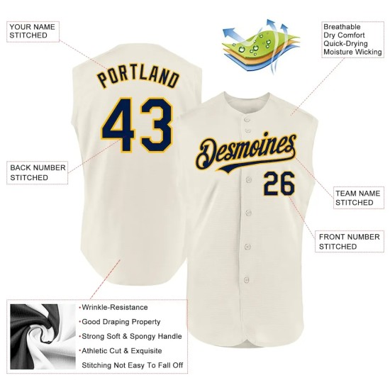 Custom Cream Navy-Gold Authentic Sleeveless Baseball Jersey Custom Cream Navy-Gold Authentic Sleeveless Baseball Jersey