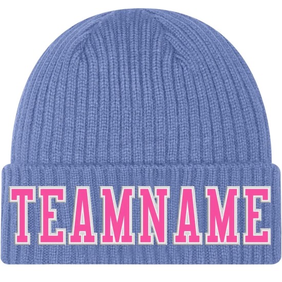 Custom Light Blue Pink-White Stitched Cuffed Knit Hat Custom Light Blue Pink-White Stitched Cuffed Knit Hat