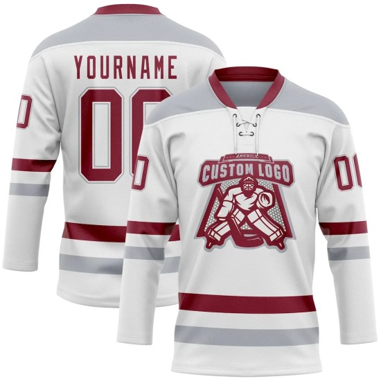 Custom White Crimson-Gray Hockey Lace Neck Jersey Custom White Crimson-Gray Hockey Lace Neck Jersey