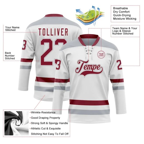 Custom White Crimson-Gray Hockey Lace Neck Jersey Custom White Crimson-Gray Hockey Lace Neck Jersey
