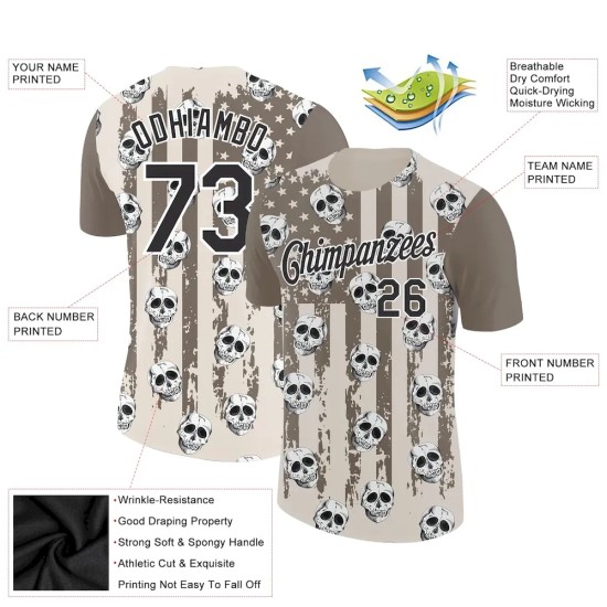 Custom City Cream Black-White 3D Skull And American Flag Performance T-Shirt Custom City Cream Black-White 3D Skull And American Flag Performance T-Shirt