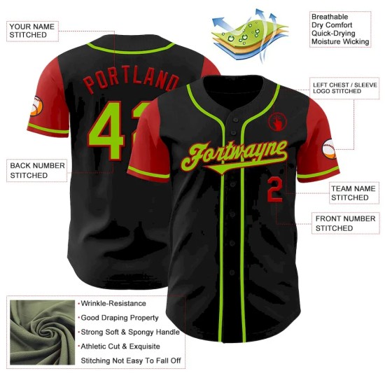 Custom Black Neon Green-Red Authentic Two Tone Baseball Jersey Custom Black Neon Green-Red Authentic Two Tone Baseball Jersey