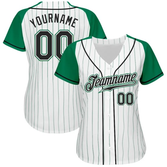 Custom White Kelly Green Pinstripe Black-Kelly Green Authentic Raglan Sleeves Baseball Jersey Custom White Kelly Green Pinstripe Black-Kelly Green Authentic Raglan Sleeves Baseball Jersey