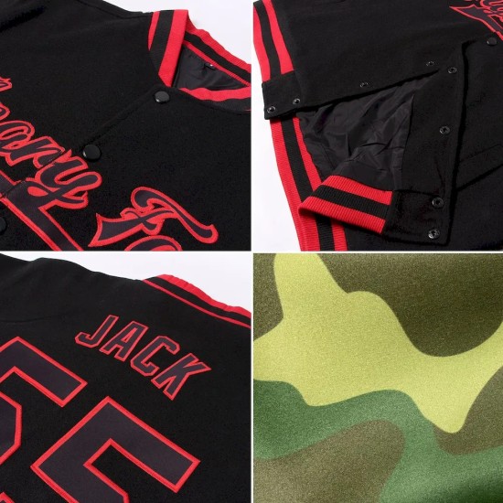 Custom Camo Red-Kelly Green Bomber Full-Snap Varsity Letterman Salute To Service Jacket Custom Camo Red-Kelly Green Bomber Full-Snap Varsity Letterman Salute To Service Jacket
