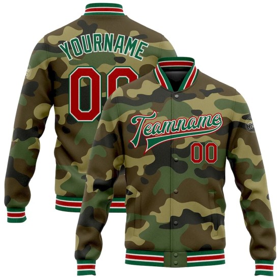 Custom Camo Red-Kelly Green Bomber Full-Snap Varsity Letterman Salute To Service Jacket Custom Camo Red-Kelly Green Bomber Full-Snap Varsity Letterman Salute To Service Jacket