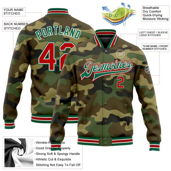 Custom Camo Red-Kelly Green Bomber Full-Snap Varsity Letterman Salute To Service Jacket Custom Camo Red-Kelly Green Bomber Full-Snap Varsity Letterman Salute To Service Jacket