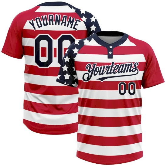 Custom White Navy-Red 3D American Flag Fashion Two-Button Unisex Softball Jersey Custom White Navy-Red 3D American Flag Fashion Two-Button Unisex Softball Jersey