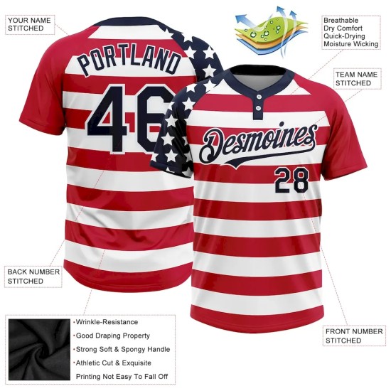Custom White Navy-Red 3D American Flag Fashion Two-Button Unisex Softball Jersey Custom White Navy-Red 3D American Flag Fashion Two-Button Unisex Softball Jersey